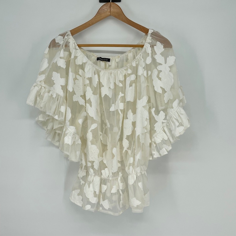 CQ by CQ Floral Sheer Ruffle‎ Blouse Top Size Layering Cottage Coquette